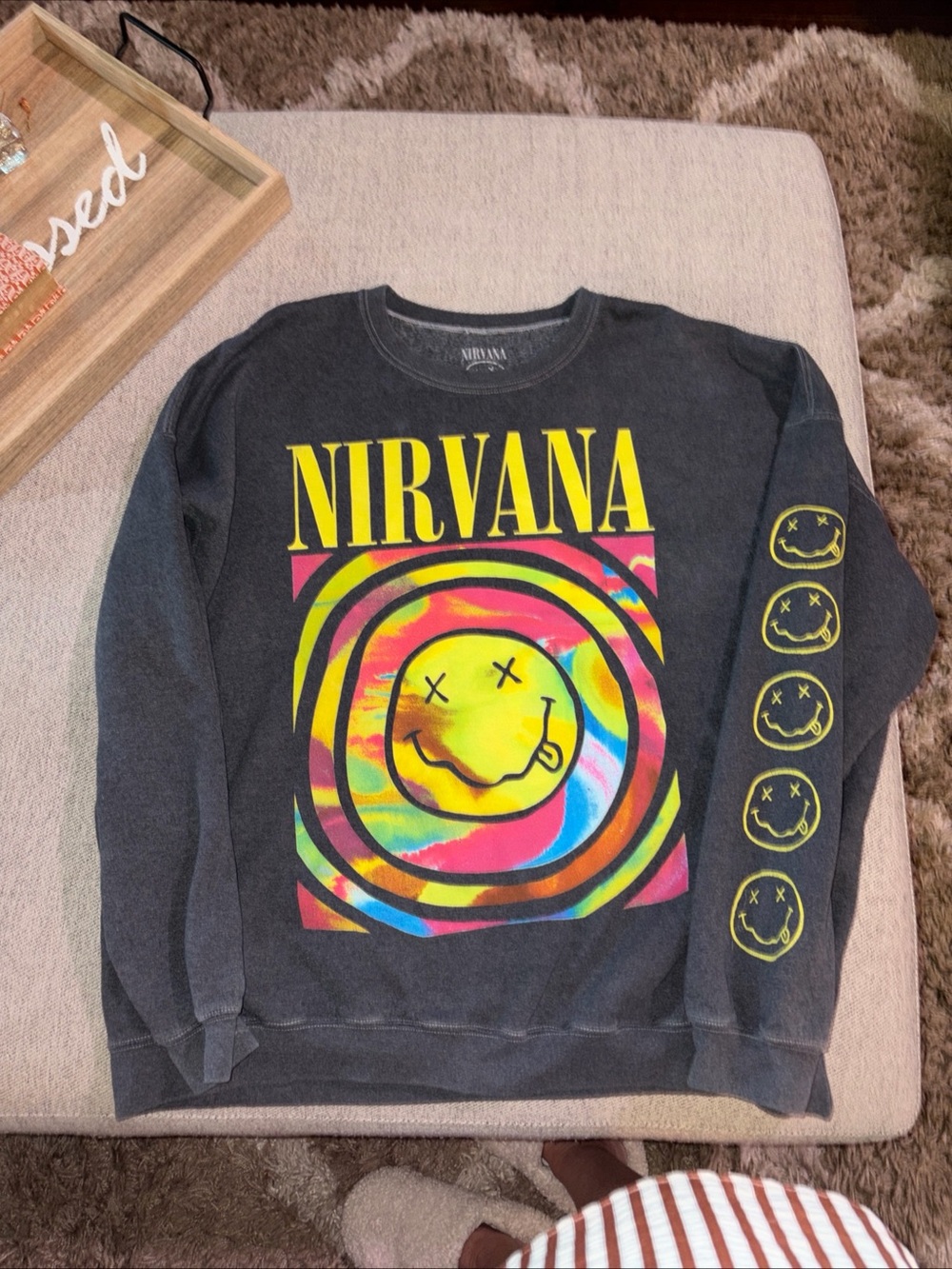 NIRVANA Black Tie-Dye Smiley Crewneck with Yellow Logo